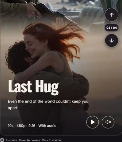 Last Hug story preview with navigation arrows, the story title and video format.