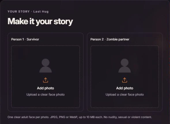 Creation panel with separate photo upload slots labeled Person 1 Survivor and Person 2 Zombie partner.