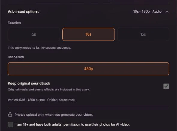 Expanded options showing 10 seconds, 480p, original soundtrack and the adult permission checkbox below.