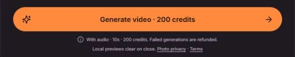 Generate video button with a displayed credit cost and a notice that failed generations return credits.